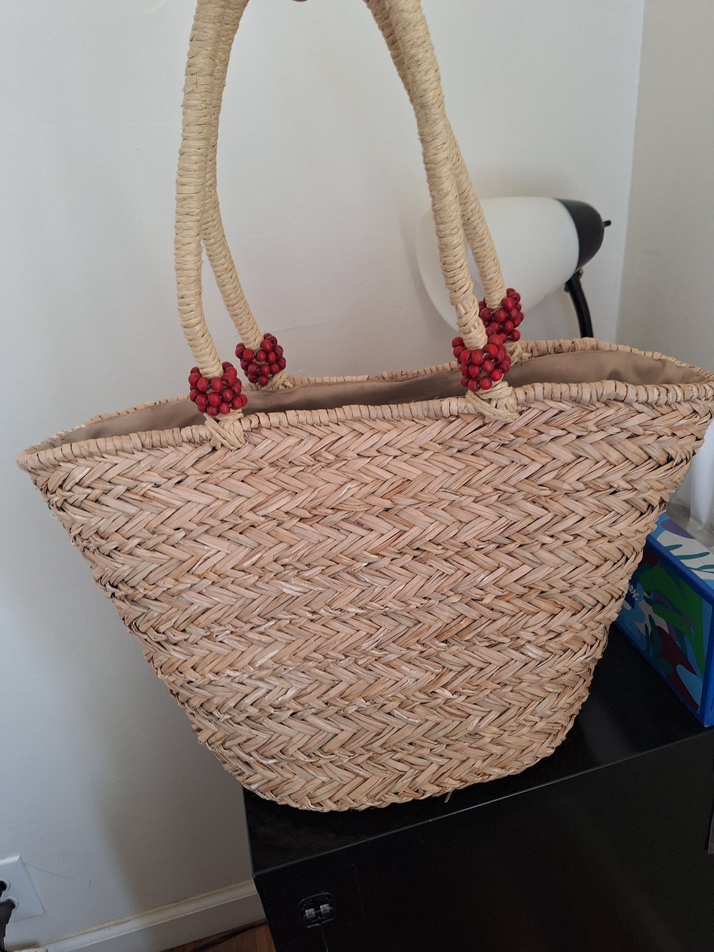 Woven Straw Tote with Sequin Watermelon Applique - Red Green - Picture 2 of 6